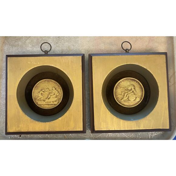 2 Vintage Alice C Fenner Chalkware Relief Art Wall Plaques Classical Medals 6.5" - Picture 1 of 3